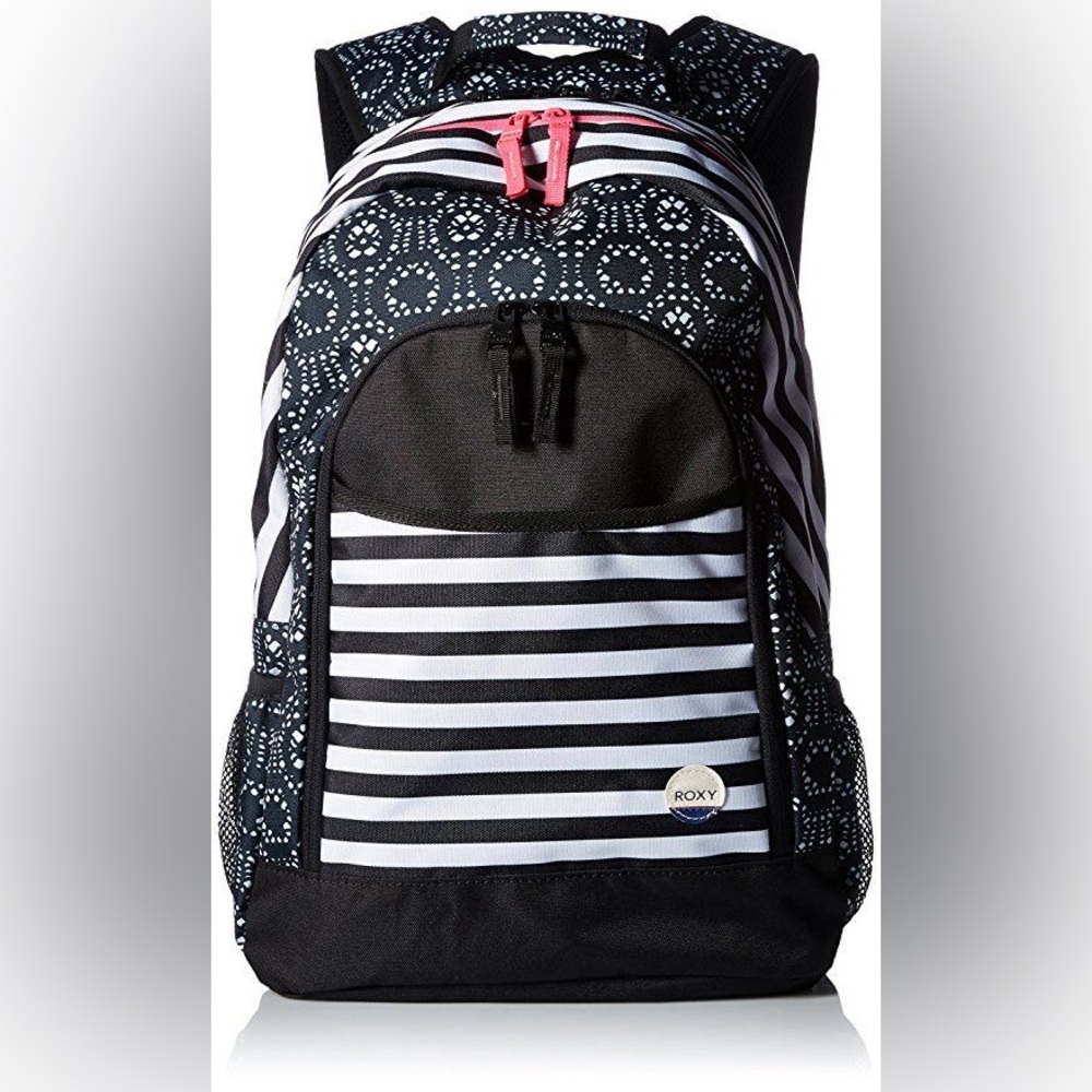 Roxy Black and White Patterned Backpack with Pink Accent